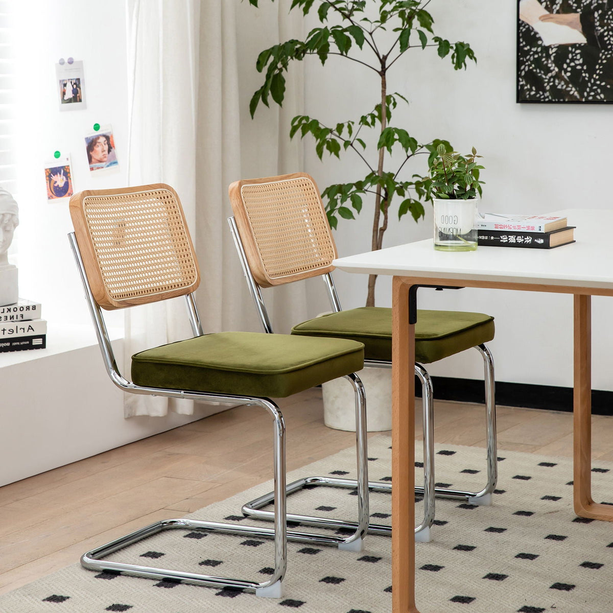 Rattan Side Accent Dining Chairs with Painted Legs - Green (Set of 2)