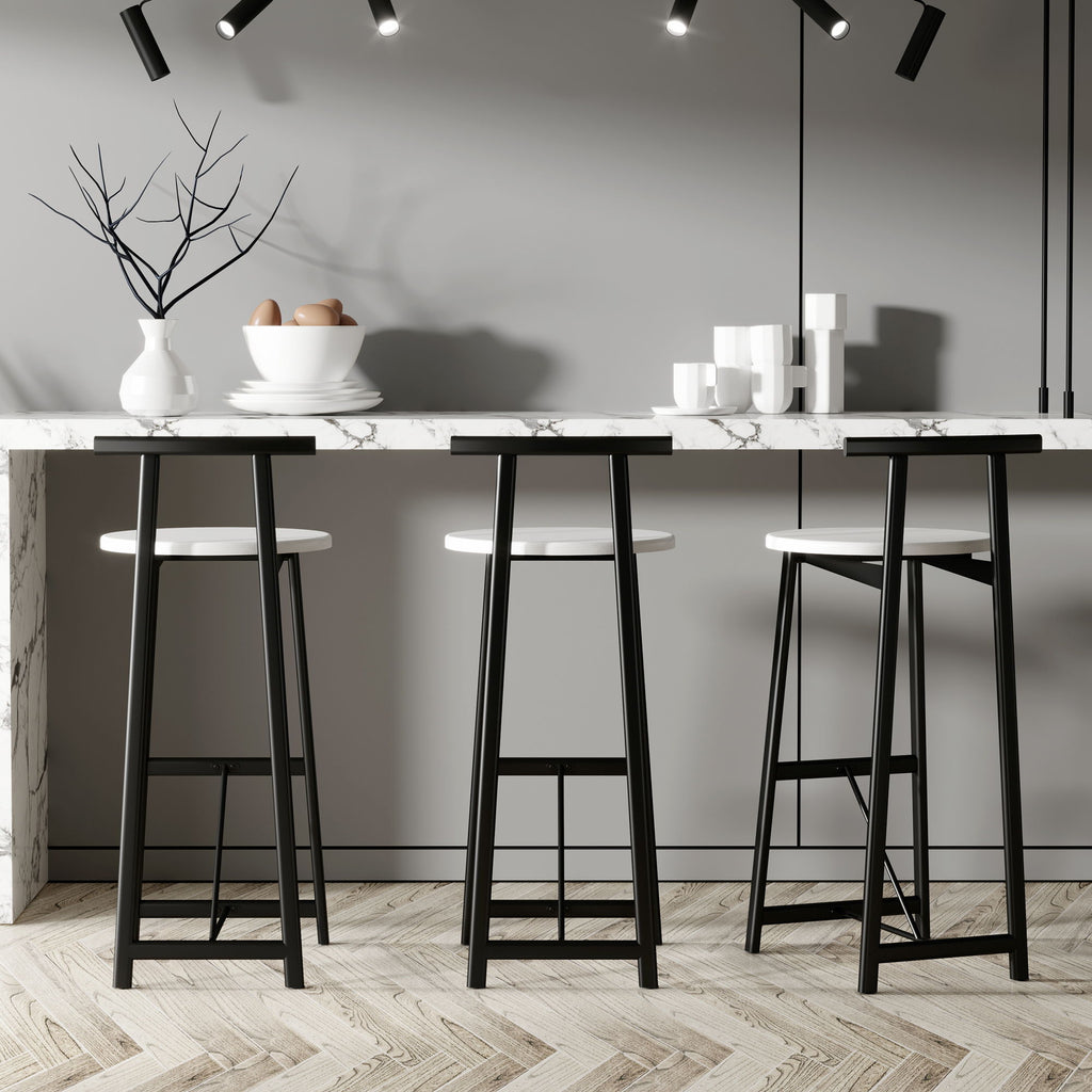 Modern Bar Stools with Backrest for Kitchen – Set of 3 – White or Black