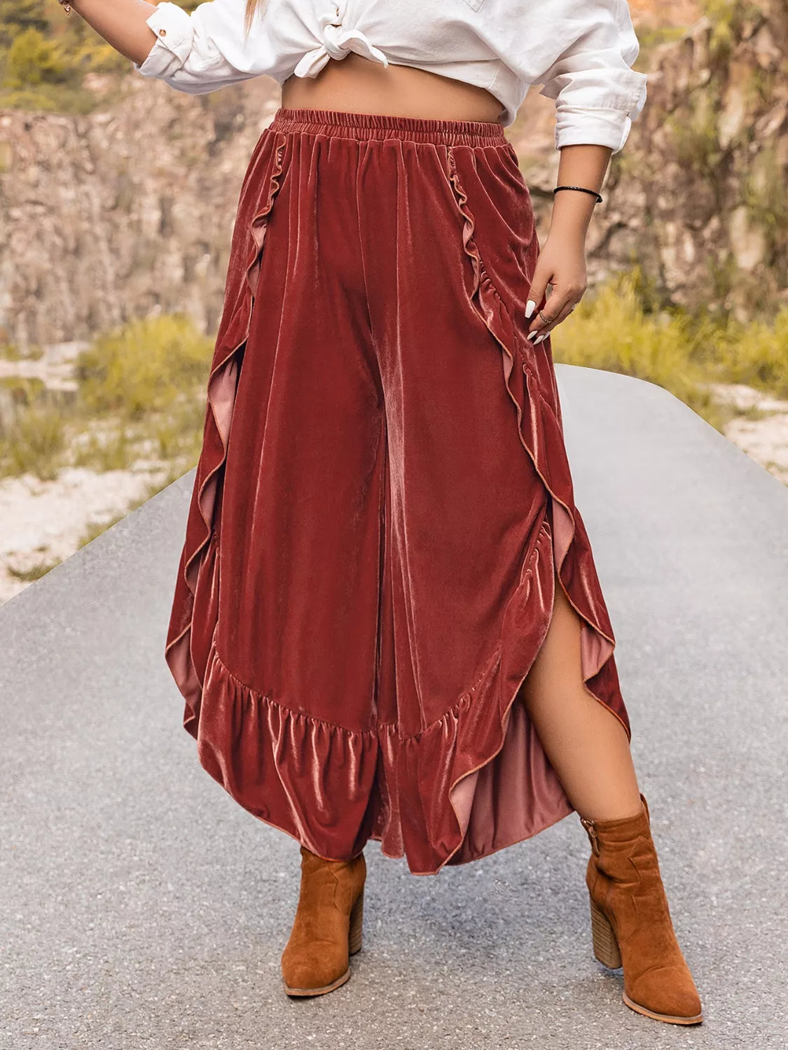 Plus Size Velvet Ruffle Hem Wide Leg Pants