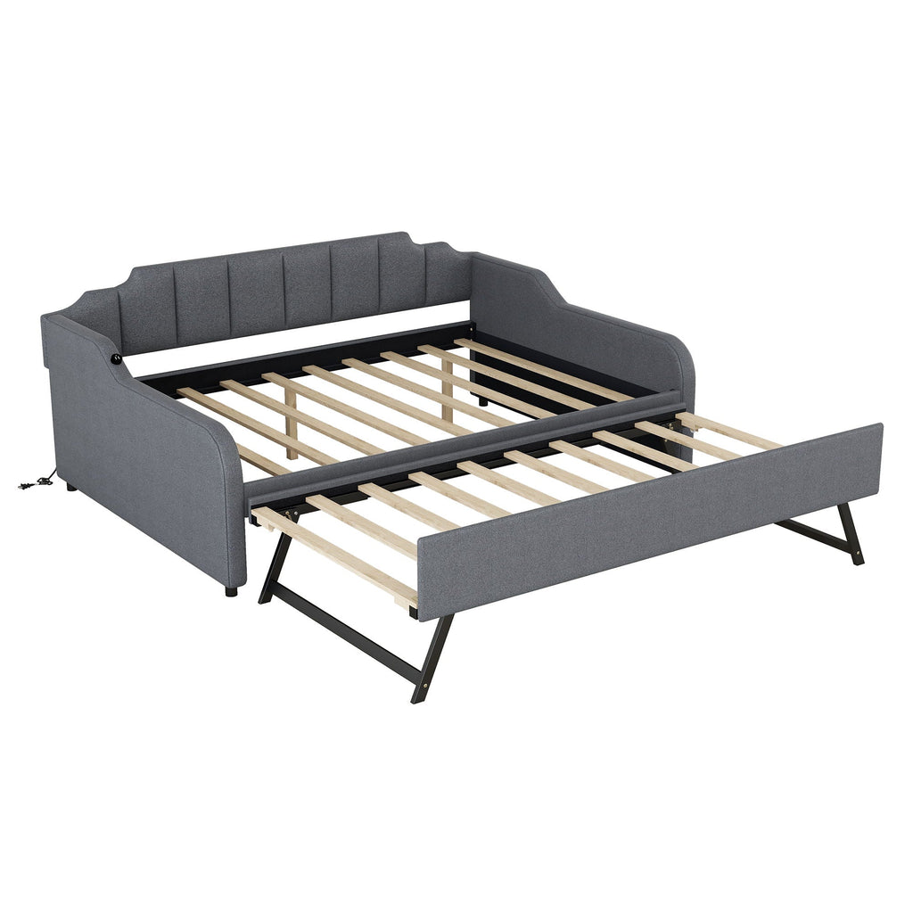 Full Size Upholstered Daybed with Trundle and USB Charging - Gray
