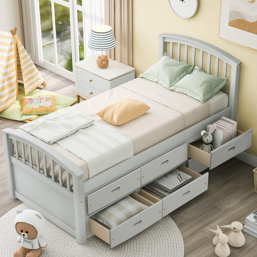 Solid Wood Twin Storage Bed with 6 Drawers - Multiple Colors