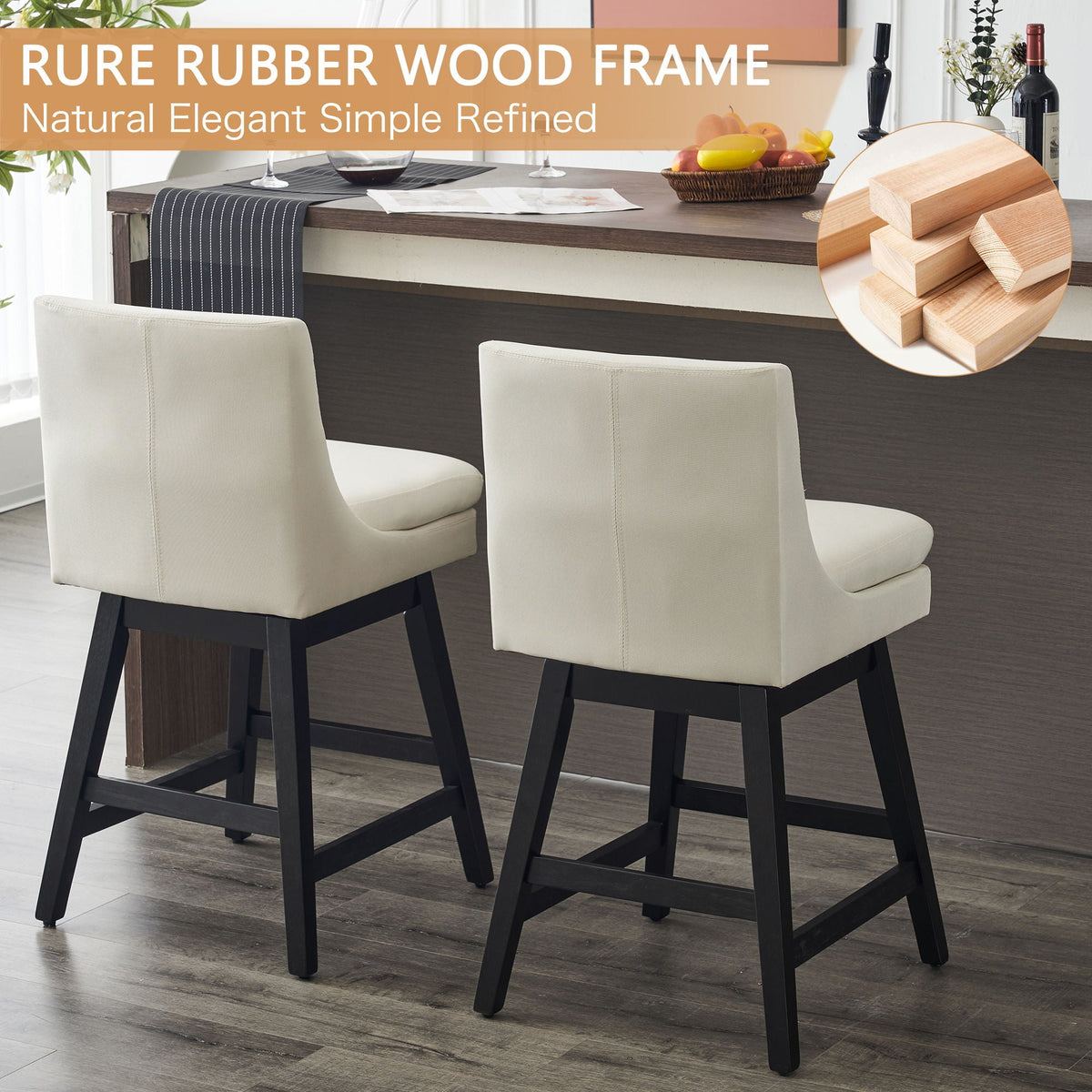 Upholstered Swivel Bar Stools with Ergonomic Design - Cream White (Set of 2)