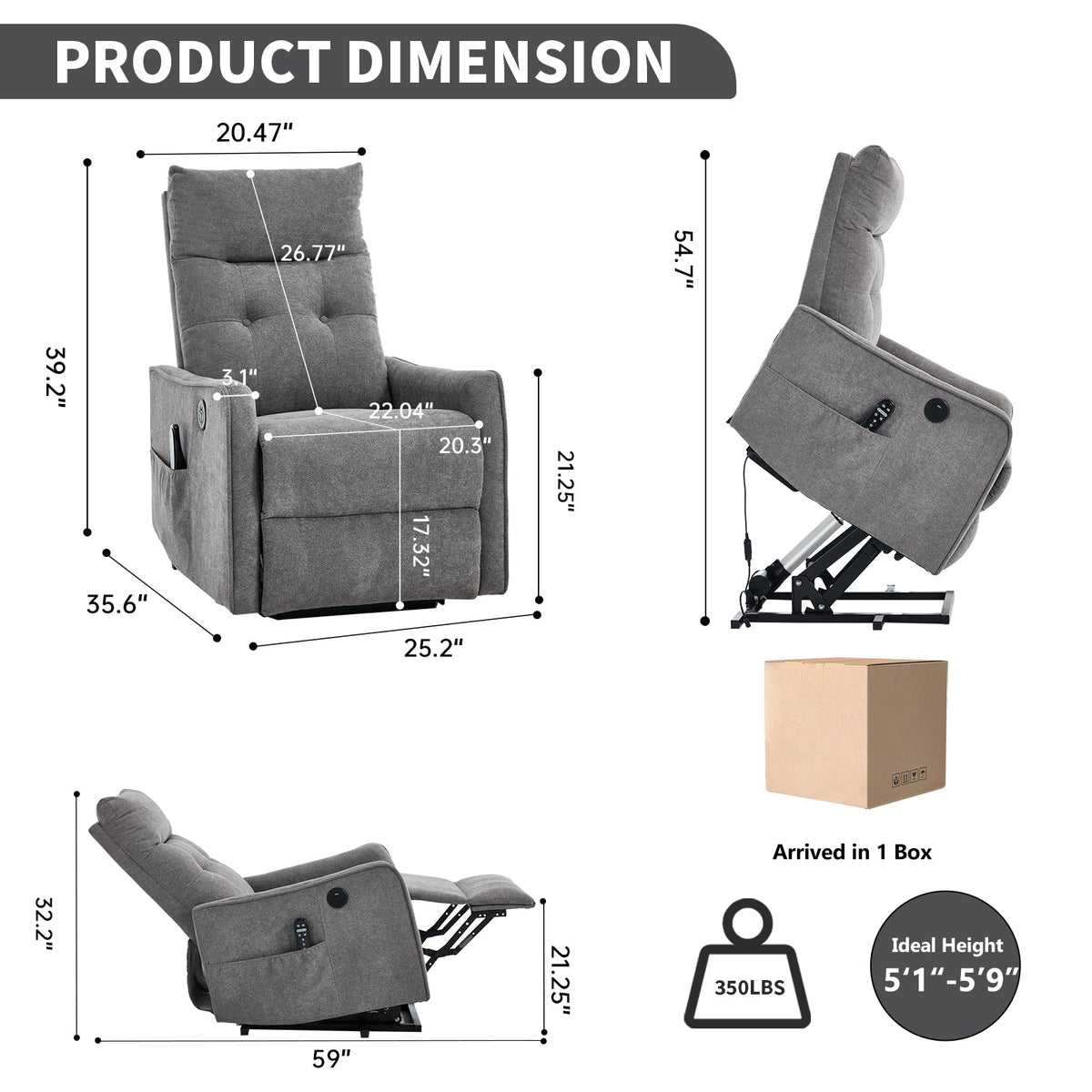 Chenille Lift Recliner Chair with Single Motor - Light Gray