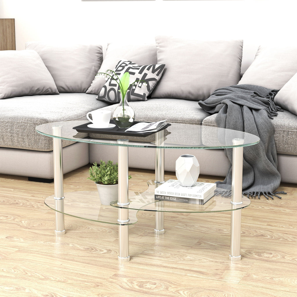 Transparent Oval Glass Coffee Table with 3-Layer Tempered Glass - White or Light Brown