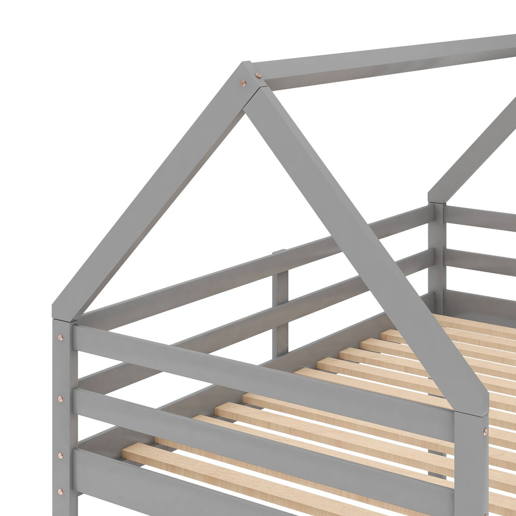 Low Bunk Bed With House Shaped Frame and Ladder - Twin Over Twin