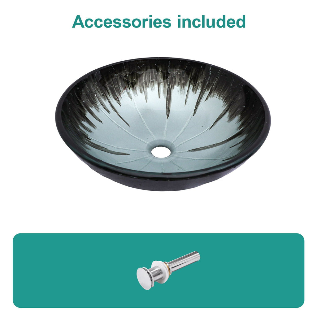 Gray Crackle Vessel Sink with Pop Up Drain – Tempered Glass Bathroom Basin