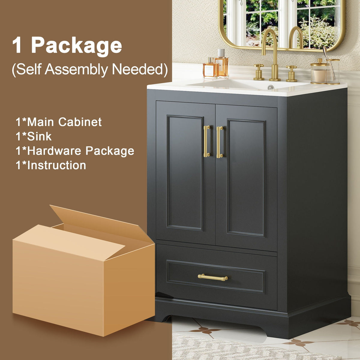 Bathroom Vanity with Sink and Soft Close Doors - White, Black, Green, or Gray
