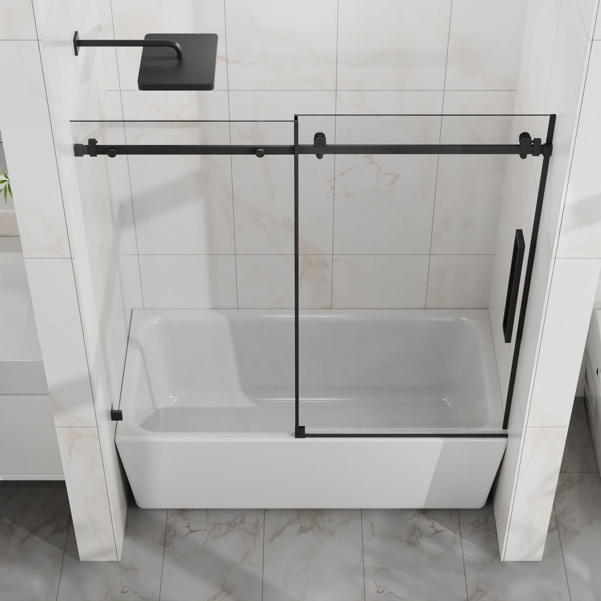 Frameless Tub Sliding Shower Door with Easy Clean Coating - Black or Pearl Silver