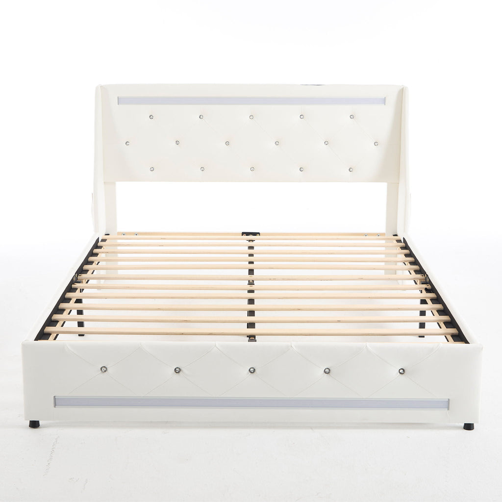 Wingback Upholstered Bed Frame with LED Lights and Charging Station - Black or White