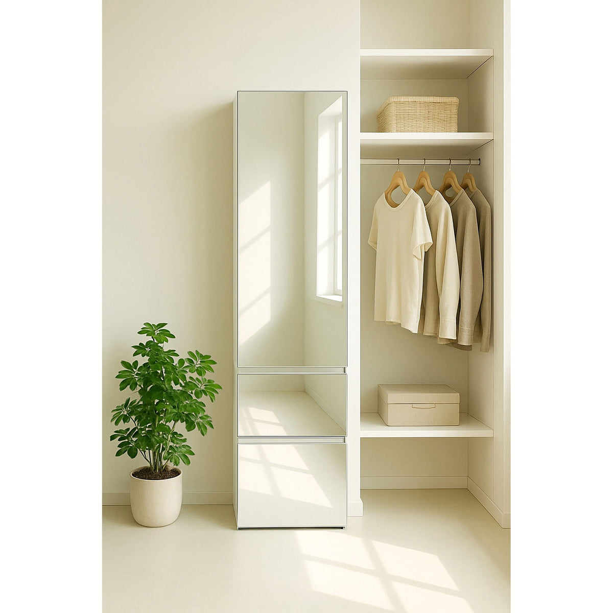 Slim Modular Closet Cabinet with Mirror - White