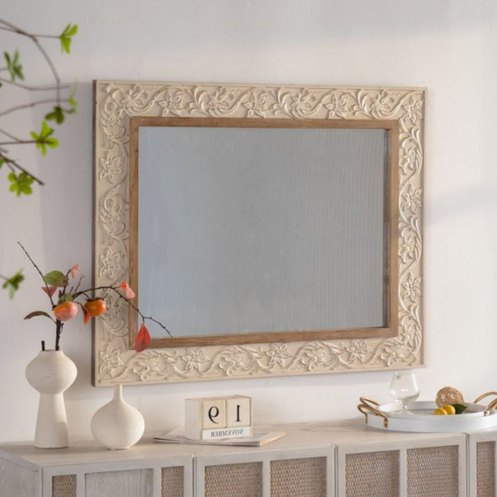 Vintage Carved Pattern Rectangular Wall Mirror with Ornate Frame - Natural