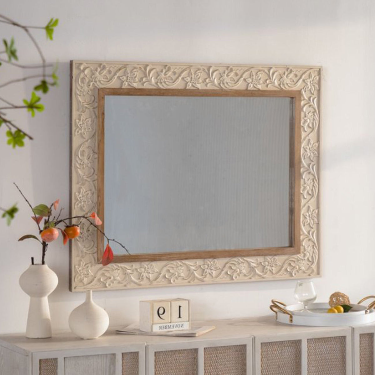 Vintage Carved Pattern Rectangular Wall Mirror with Ornate Frame - Natural