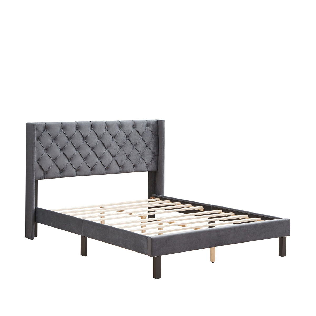 Gray Velvet Upholstered Queen Platform Bed with Wingback and Wood Slat Support