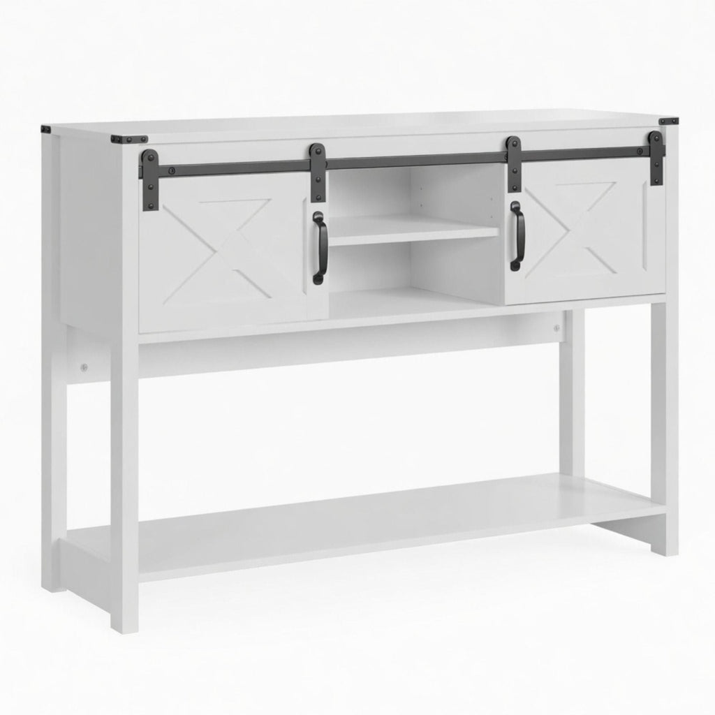 Farmhouse Entryway Table with Sliding Barn Door - Gray, Dark Gray, White, Black