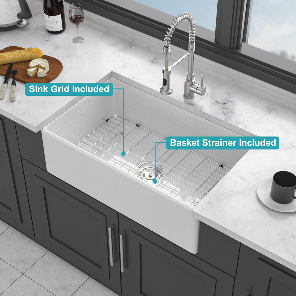Ceramic Farmhouse Sink with Deep Basin and Stainless Steel Grid - White