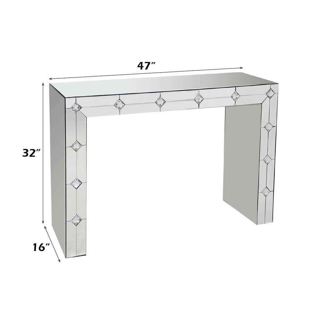 Hessa Mirrored & Faux Rhinestone Console Table with Sled Base – Silver