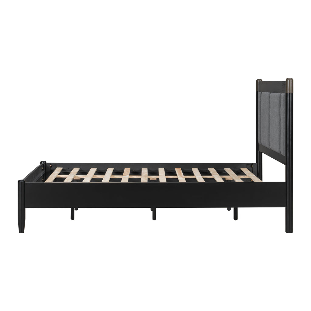 Solid Wood Queen Bed with 500 lbs Support and Fabric Headboard - Dark Grey