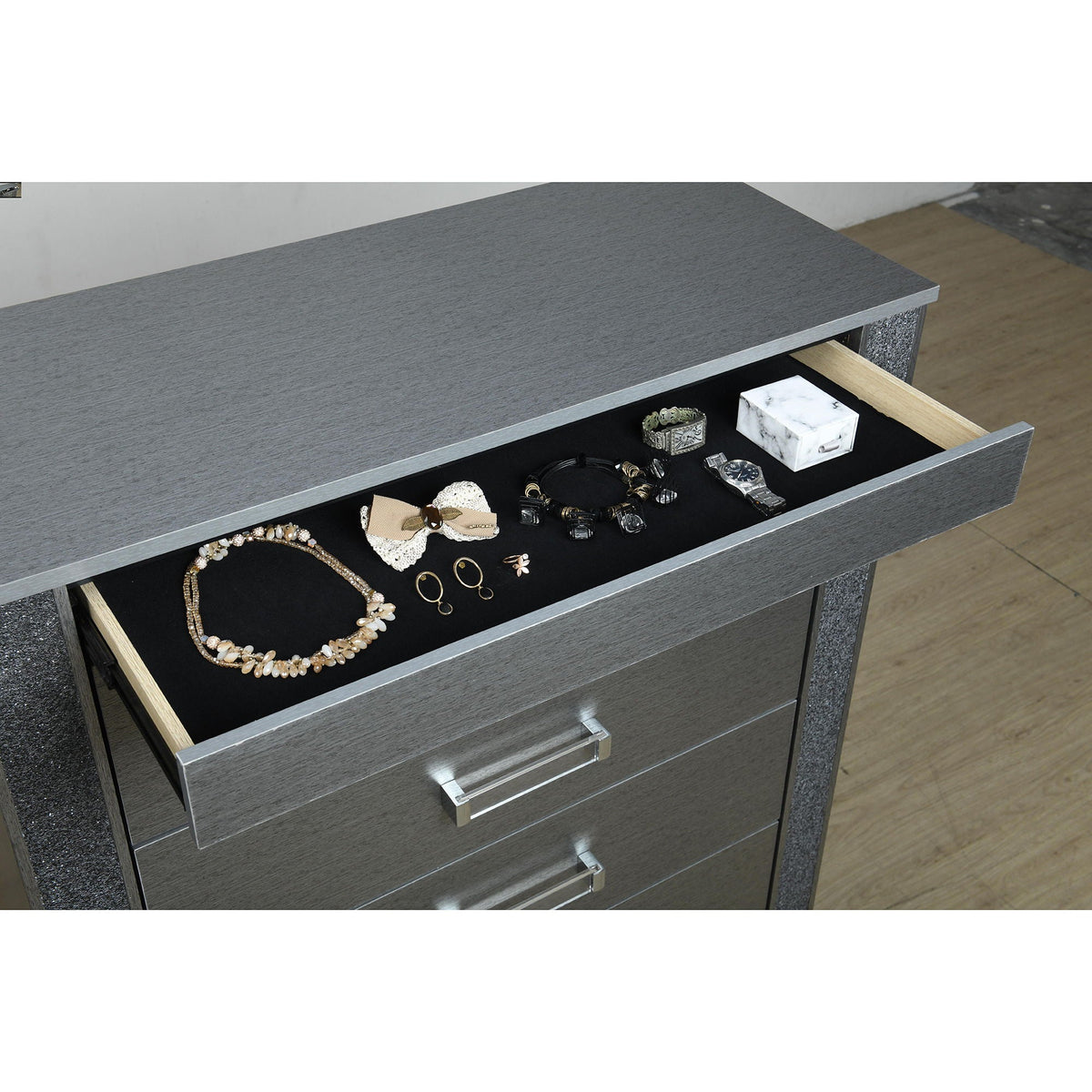 Silver Accent Chest with Hidden Jewelry Compartment and Bar Handle