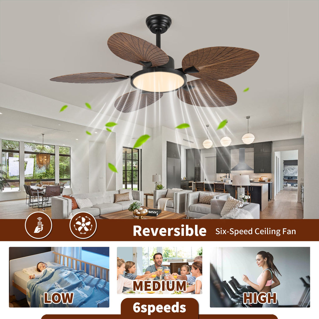 52-Inch Tropical Palm Leaf Ceiling Fan with Lights & Remote Control - Iron