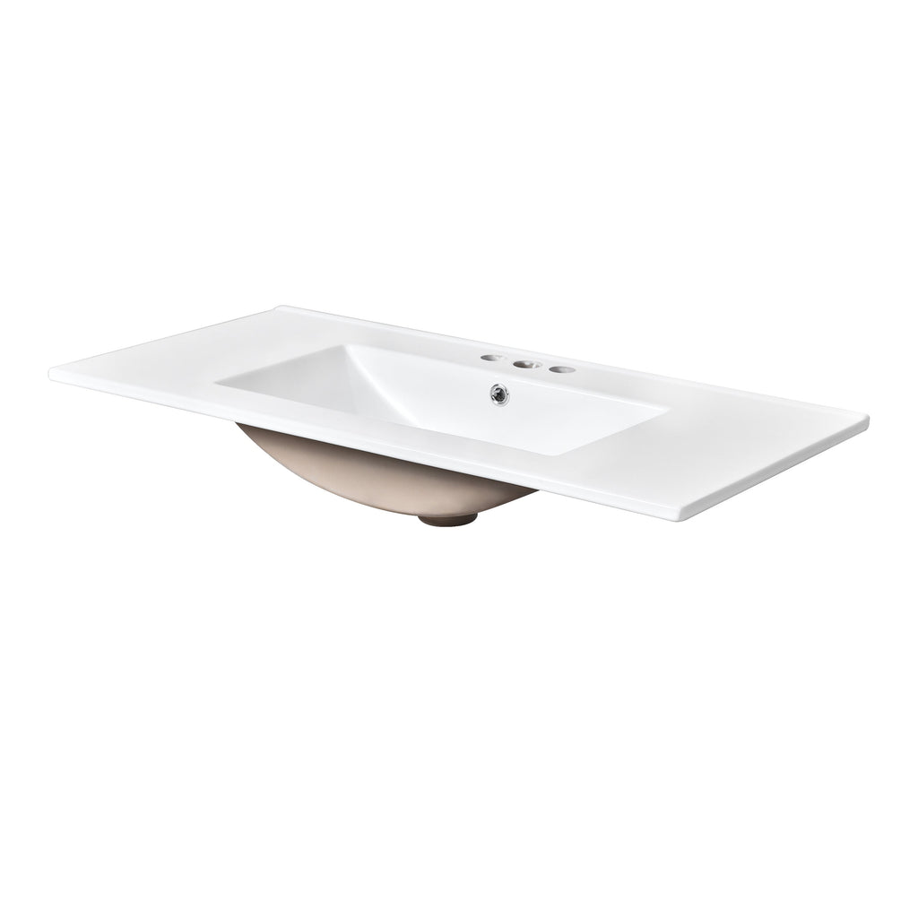 36" Single Bathroom Basin Sink with 3 Faucet Holes - Ceramic White