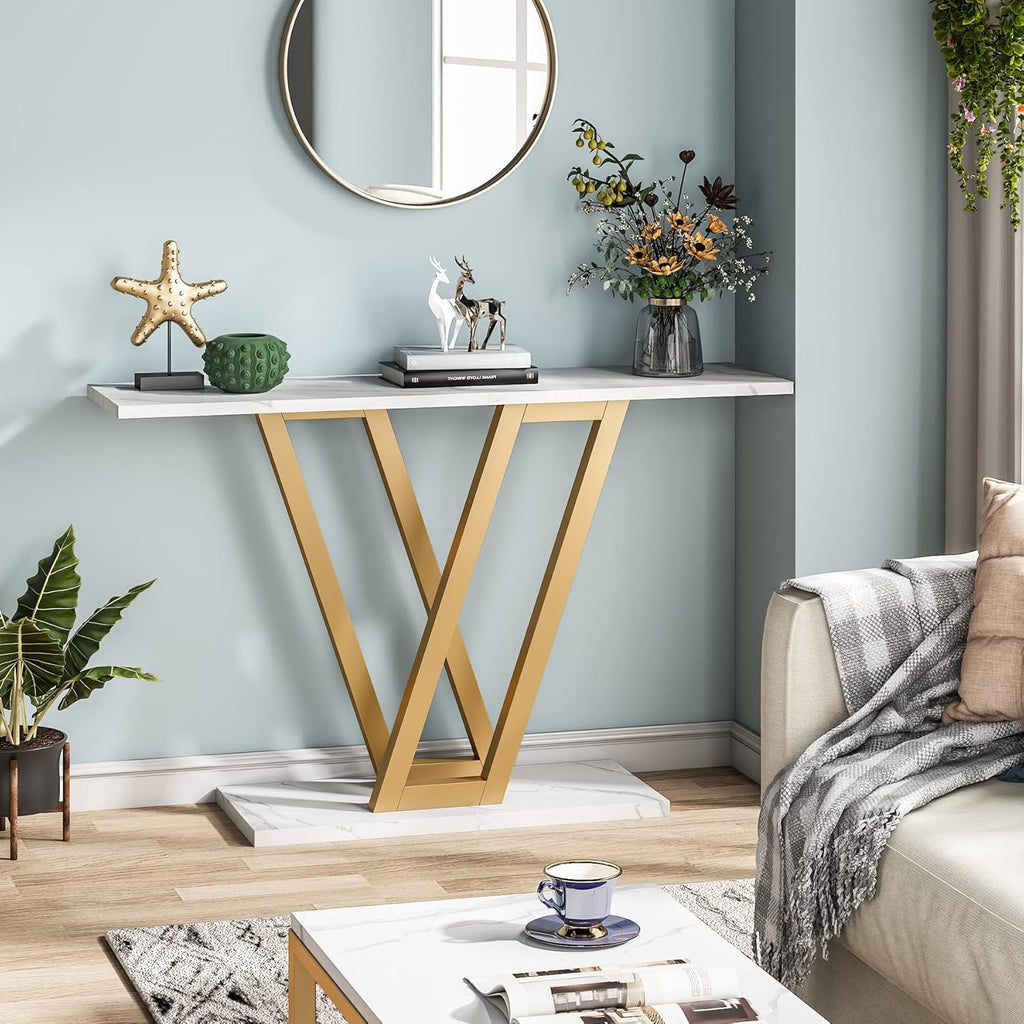 White Console Table with V Leg Frame - Gold