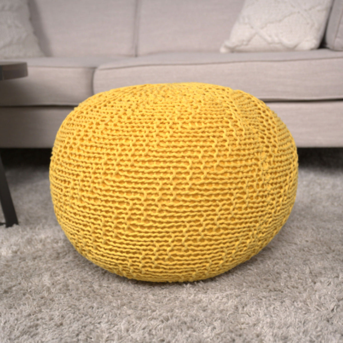 Knitted Round Pouf Ottoman with Polystyrene Bead Filling - Purple or Yellow