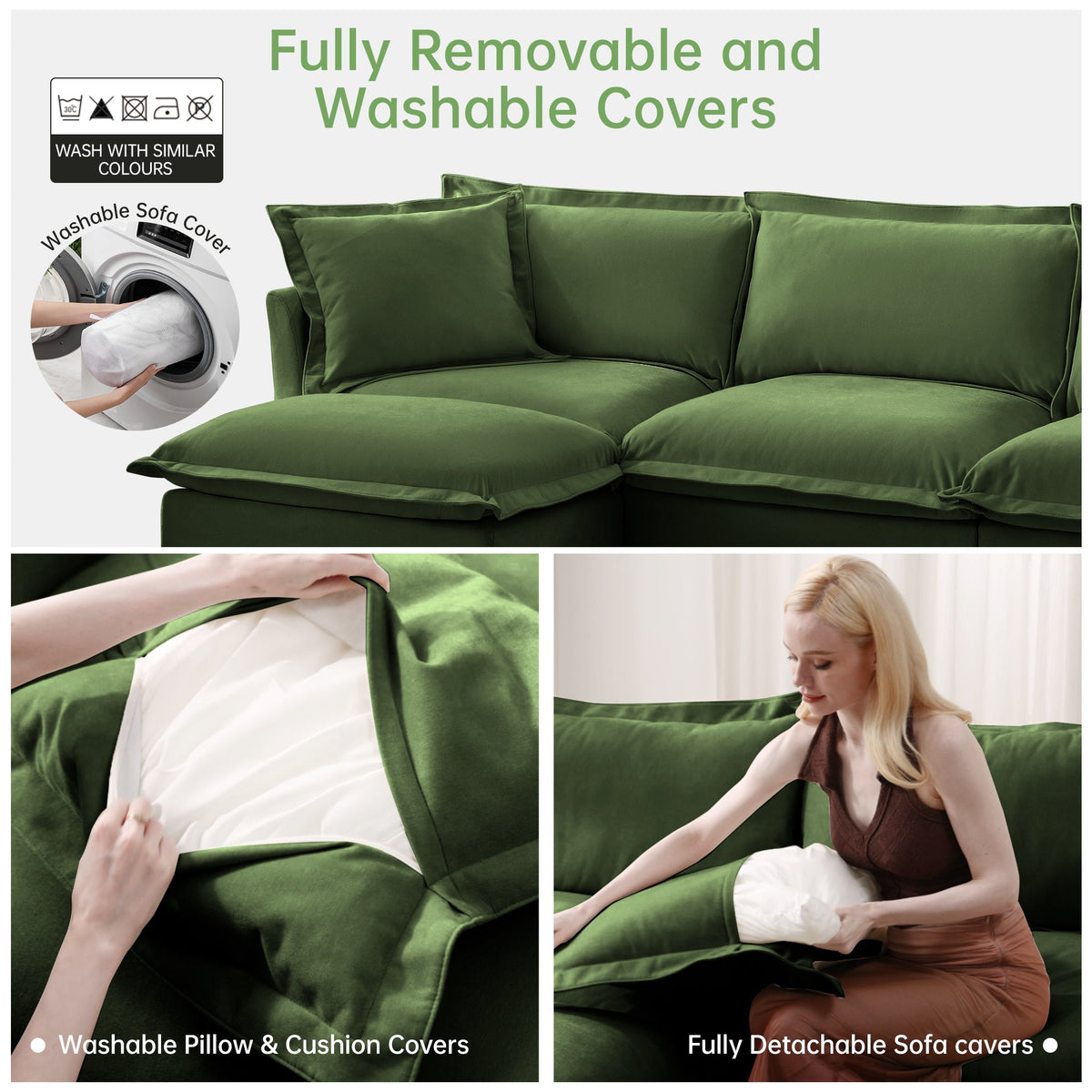 Slipcovered Sectional 2 Seater Sofa with Convertible Ottoman