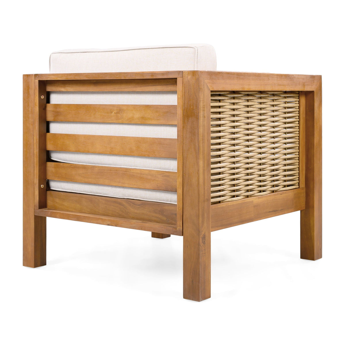 Outdoor Club Chair with Rope Arm and Cushions - Beige Teak