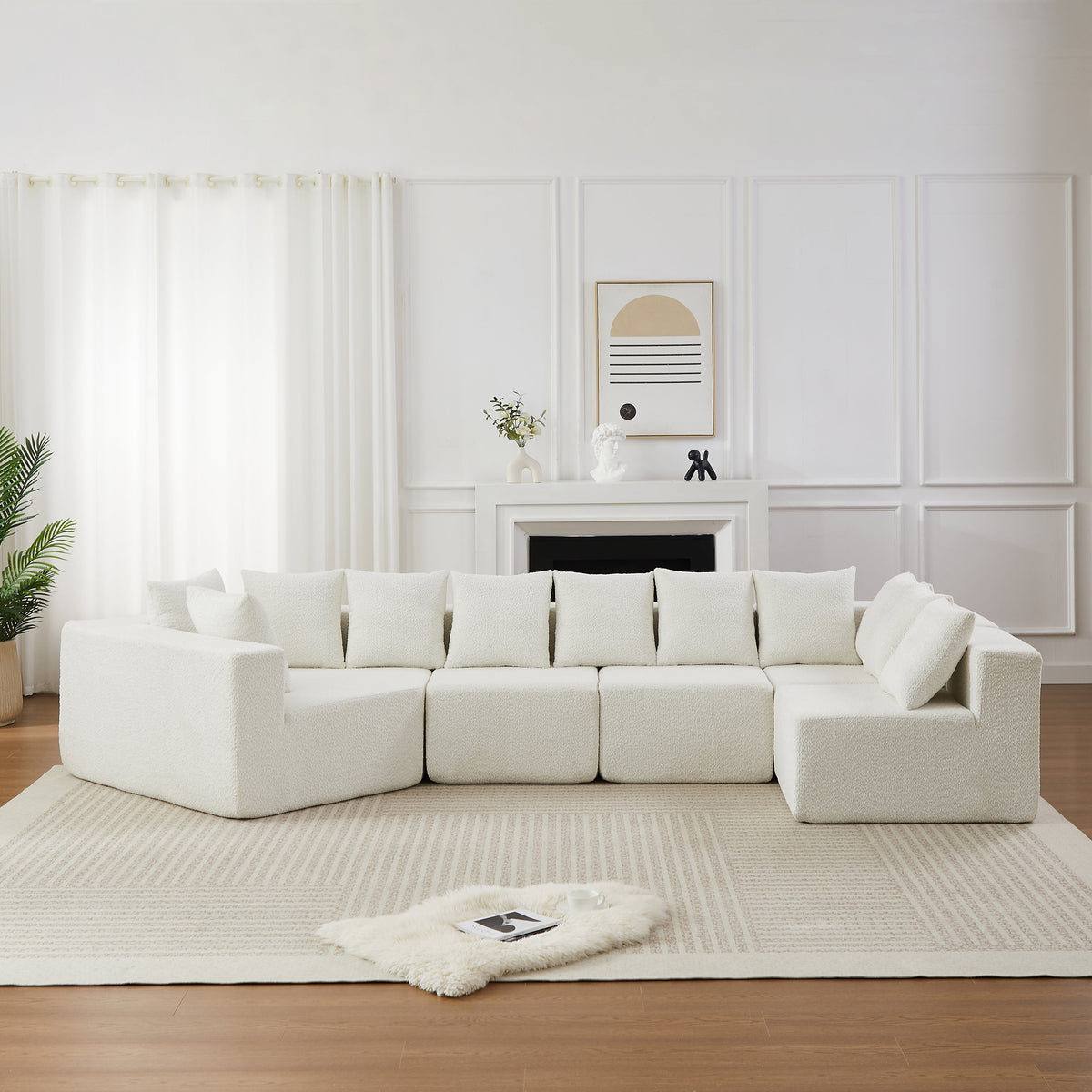 Extra-Large L-Shaped Chenille Sectional Sofa with 11 Pillows - Neutral Fabric