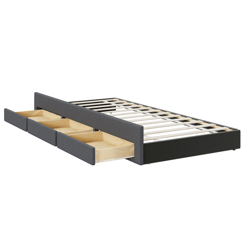 Upholstered Platform Bed with Twin Size Trundle and 3 Drawers - Beige, Full