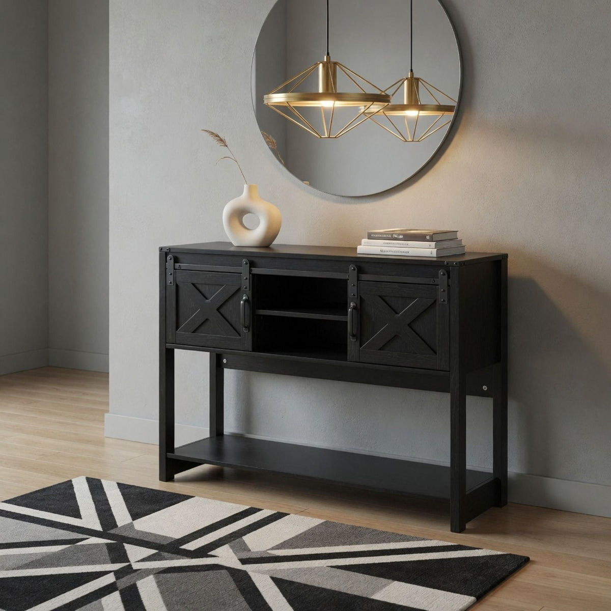 Farmhouse Entryway Table with Sliding Barn Door - Gray, Dark Gray, White, Black