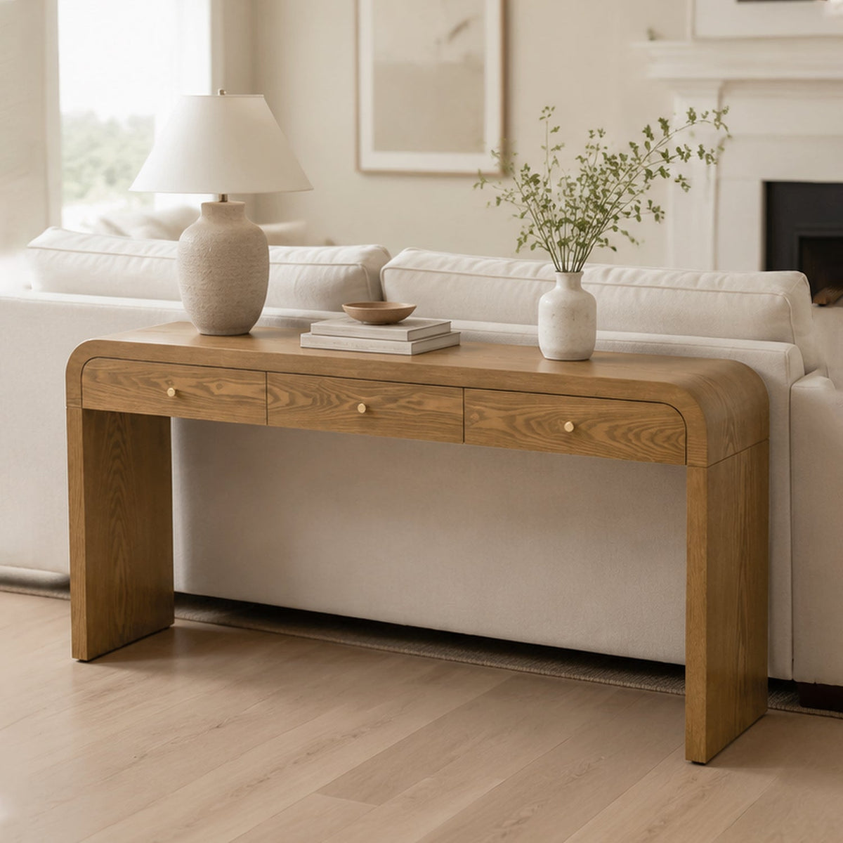 Walnut Curved Design 3-Drawer Long Console Table with Ample Storage - Walnut