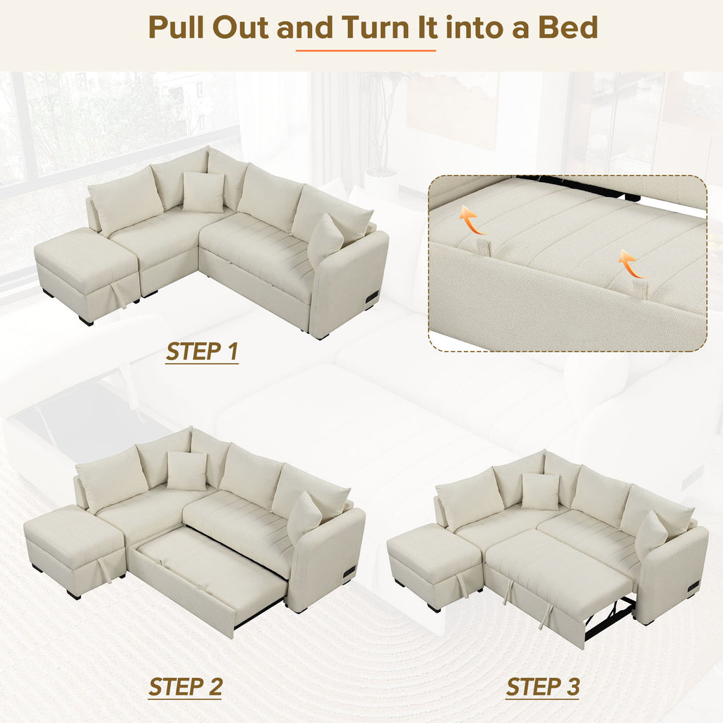 L-Shaped Sleeper Sectional with Pull-Out Bed and Storage Ottoman - Gray or Beige