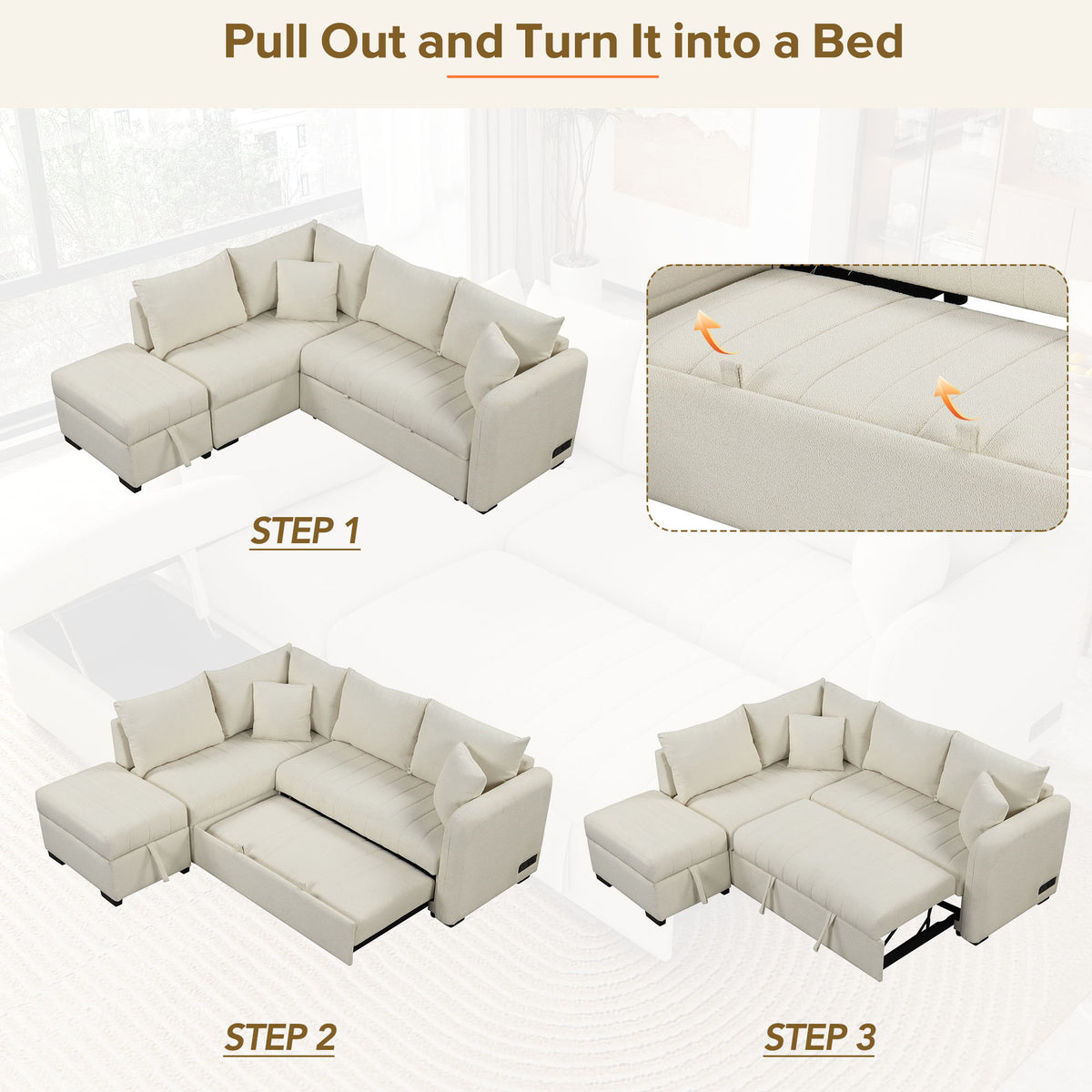 L-Shaped Sleeper Sectional with Pull-Out Bed and Storage Ottoman - Gray or Beige