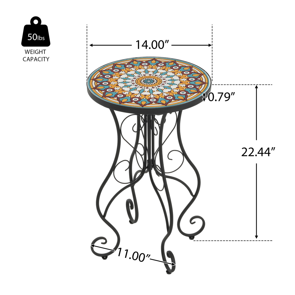 Round Ceramic Outdoor Side Table with Colorful Tile Top - Black
