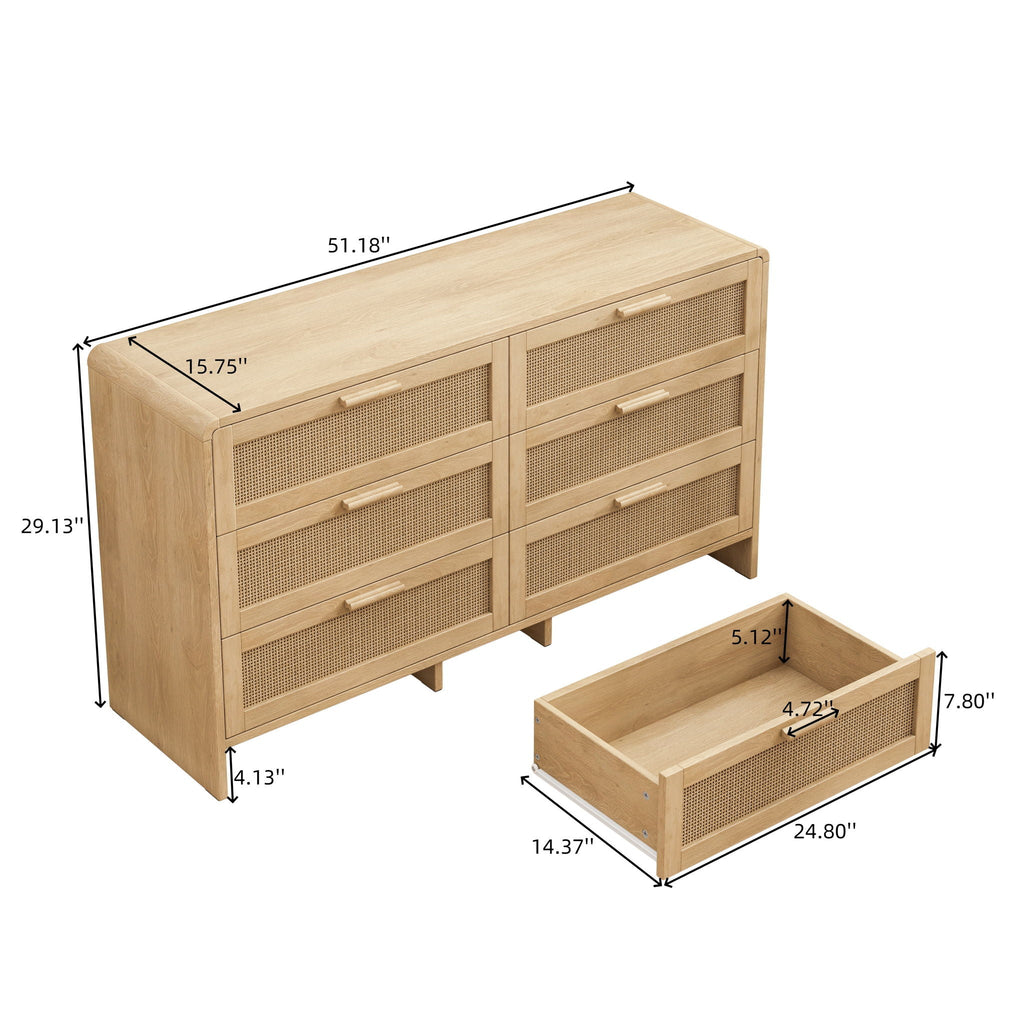 Modern Arc Shaped Rattan Accent Cabinet with 6 Drawers - Light Brown