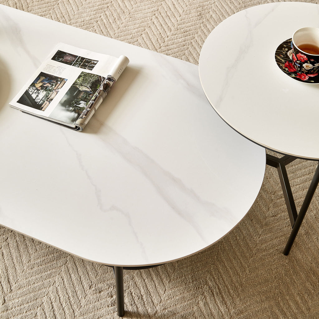 Contemporary Coffee Table with Sintered Stone Surface and Double Layer - White / Gray