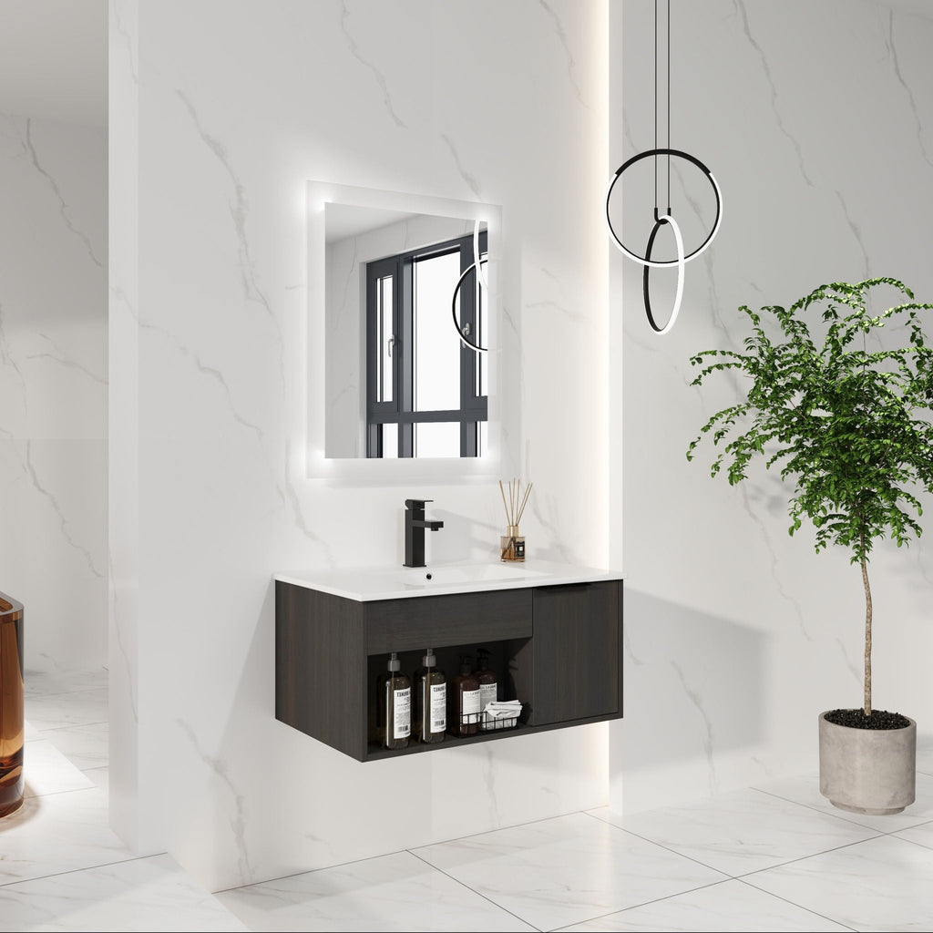 Wall Mounted Floating Bathroom Vanity with Open Shelf & Soft Close Door - Dark Brown