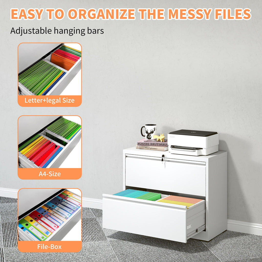 Lateral File Cabinet with Locking System and Anti-Tip Interlock - White