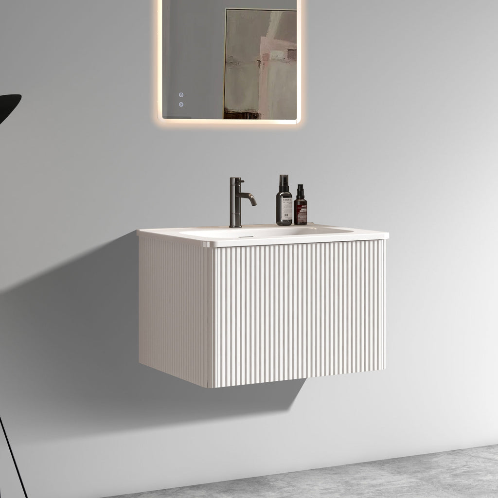 24" Striped Soft White Bathroom Vanity with Integrated Ceramic Sink - Soft White