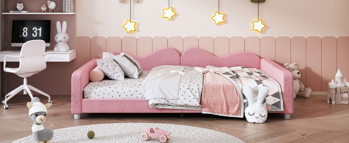 Upholstered Daybed with Cloud-Shaped Backrest - Full Size, Sherpa Fabric