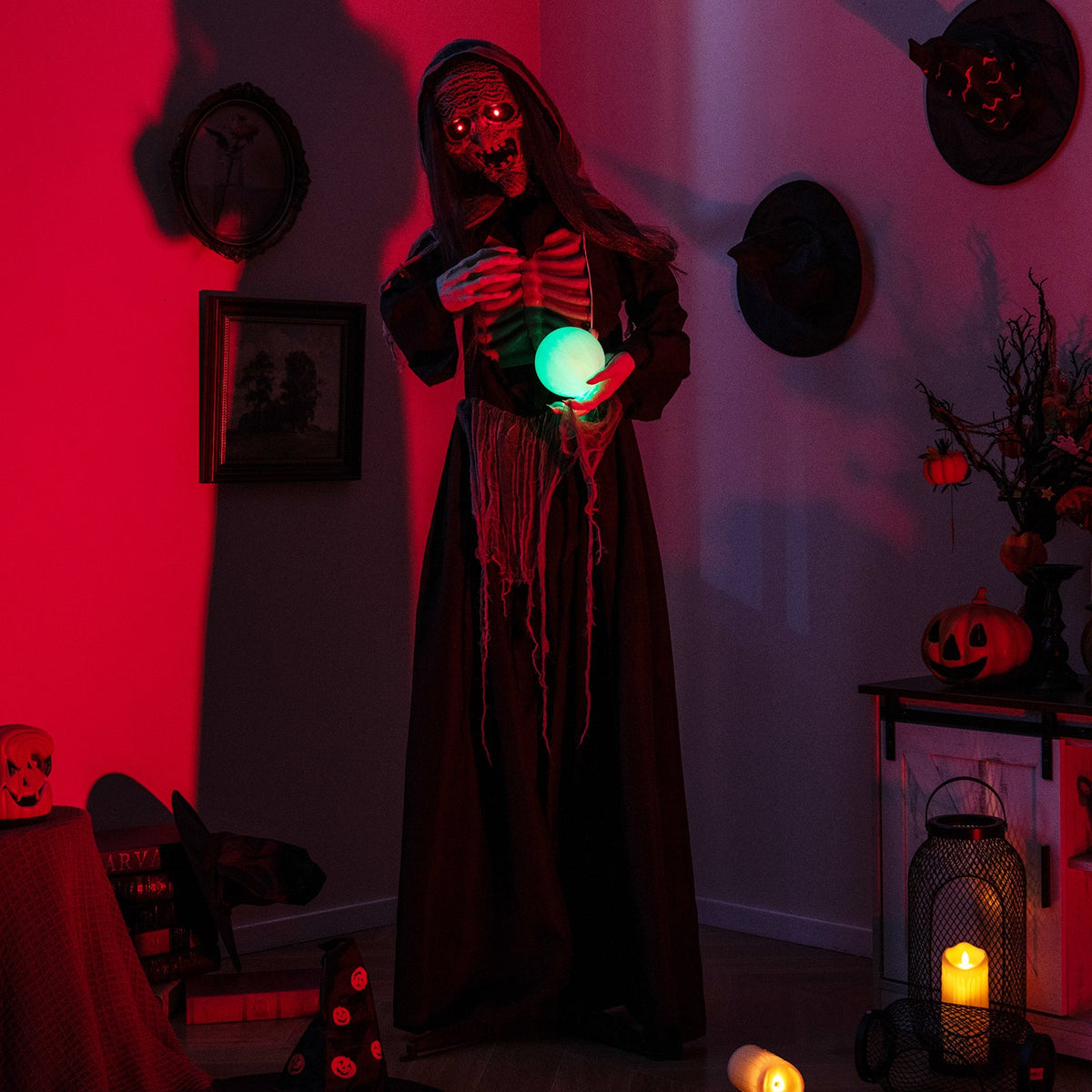 6ft Halloween Animatronics Standing Witch with Light Up Eyes and Magical Ball