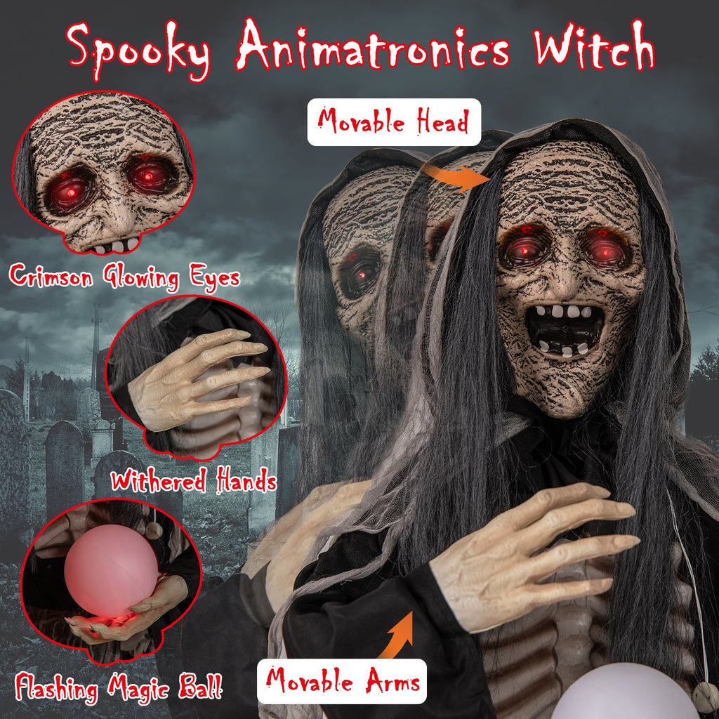 6ft Halloween Animatronics Standing Witch with Light Up Eyes and Magical Ball