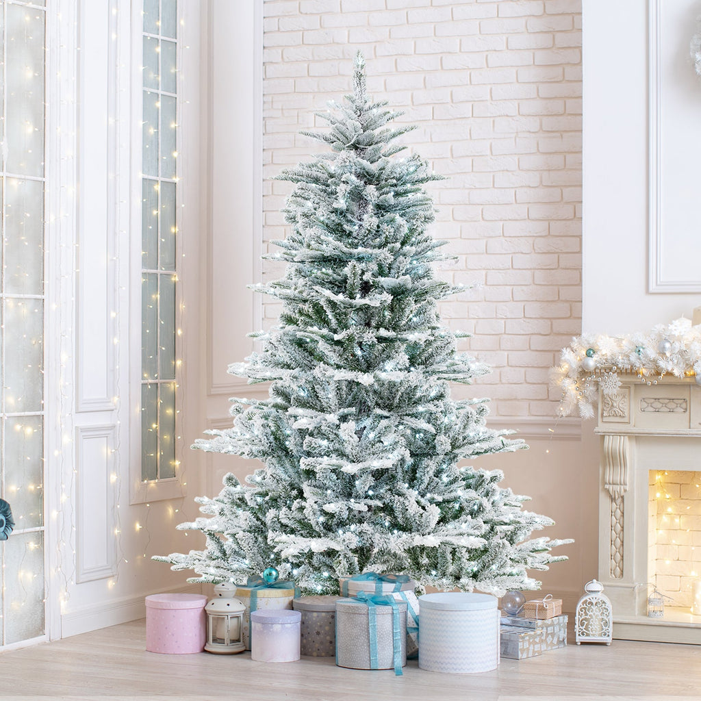 6 Feet Snow Flocked Artificial Christmas Tree with Cool White LED Lights