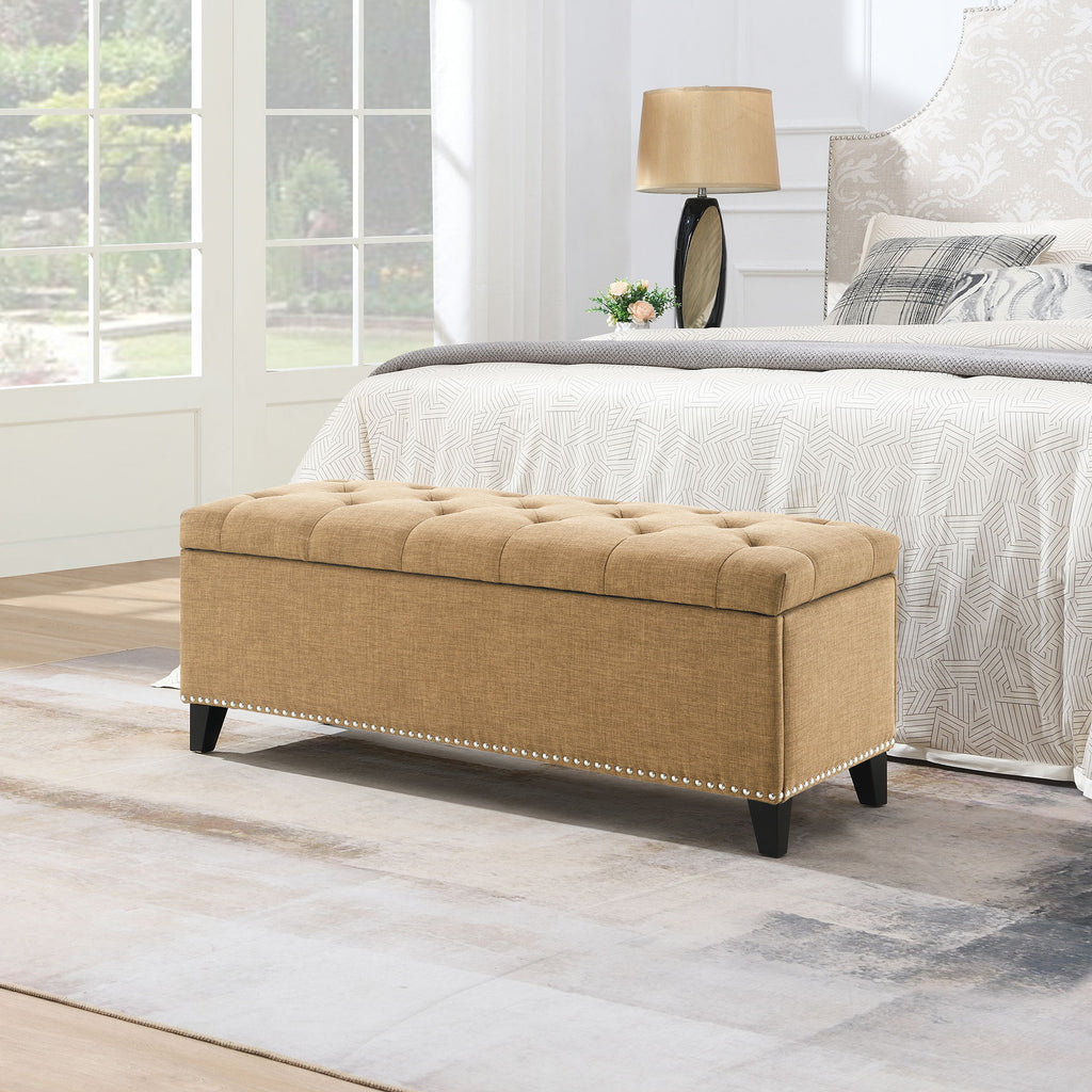 Button-Tufted Storage Ottoman with Safety Close Hinge - Light Brown or Black