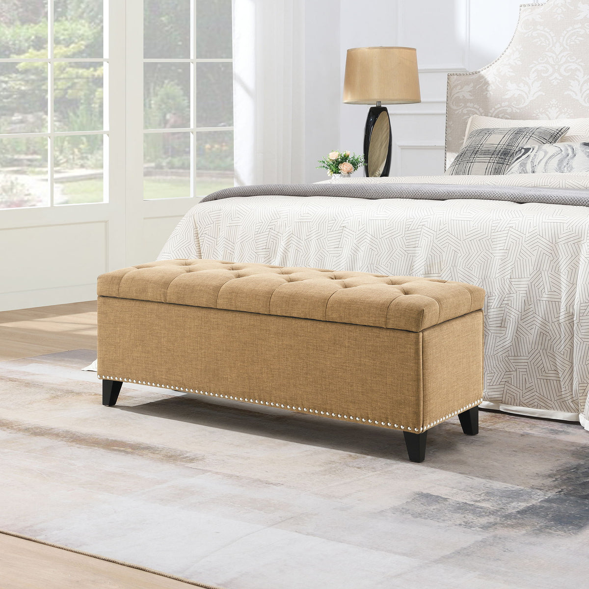 Button-Tufted Storage Ottoman with Safety Close Hinge - Light Brown or Black