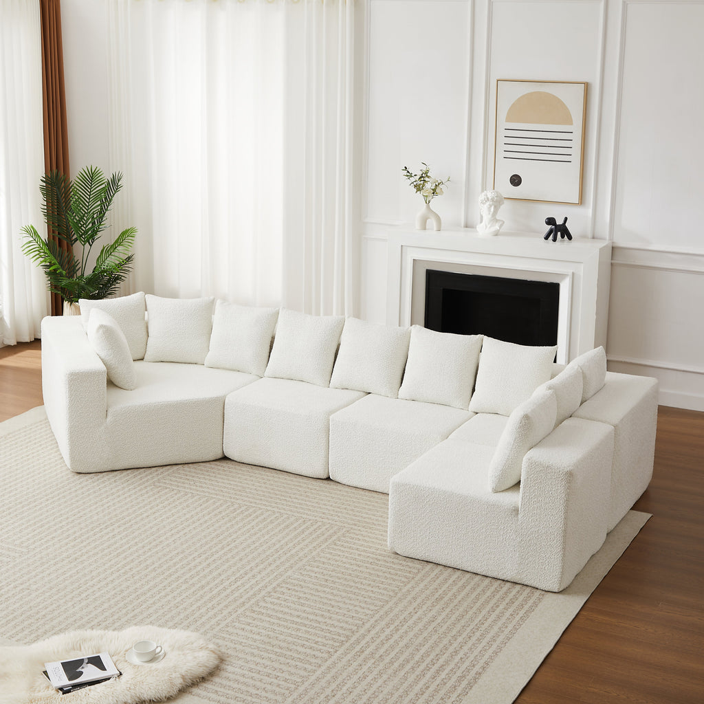 Extra-Large L-Shaped Chenille Sectional Sofa with 11 Pillows - Neutral Fabric