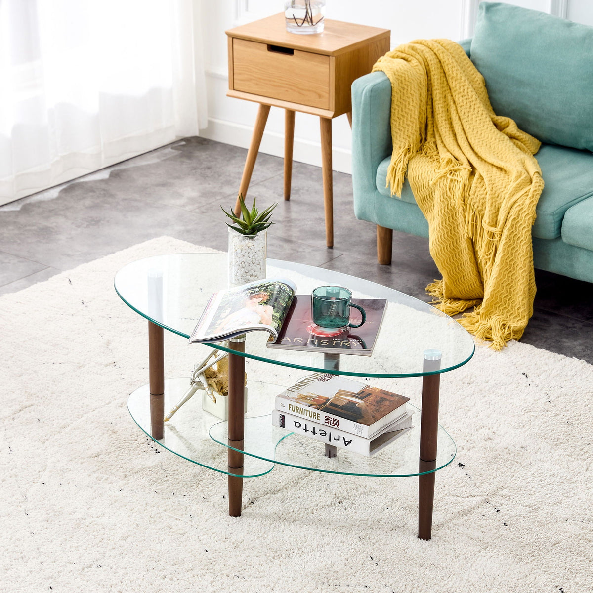 Transparent Oval Glass Coffee Table with 3-Layer Tempered Glass - White or Light Brown