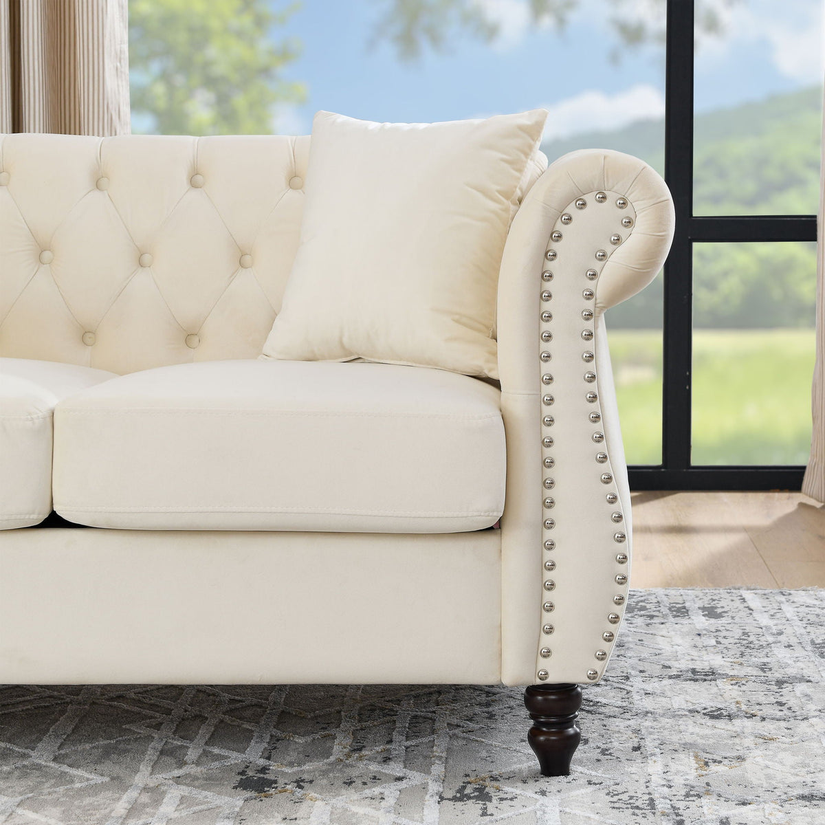 Chesterfield Sofa with Rolled Arms and Nailhead Trim – Solid Wood Frame