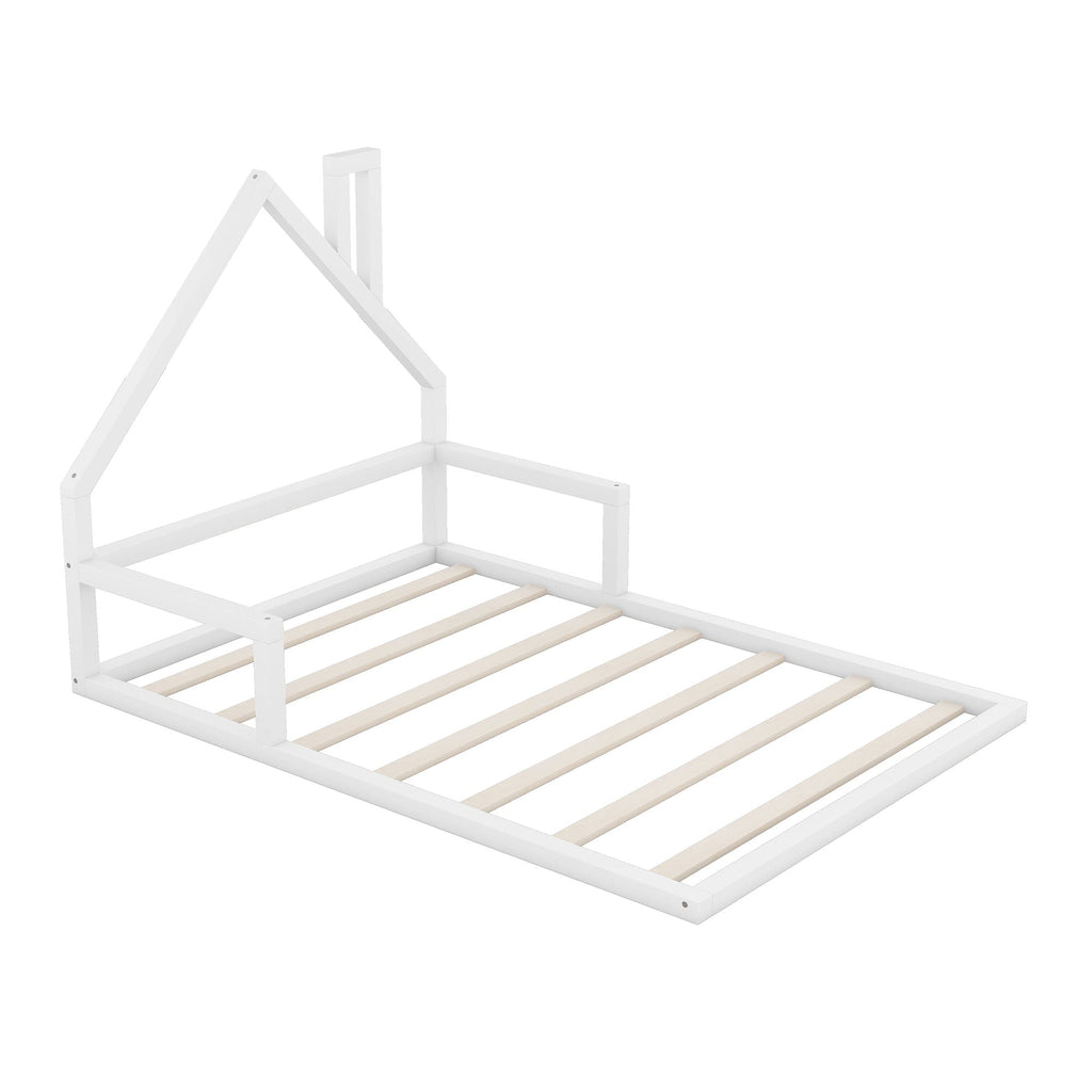 Elegant Floor Bed With House Shaped Headboard - Full Size Solid Wood